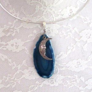 Turquoise agate choker necklace crescent moon